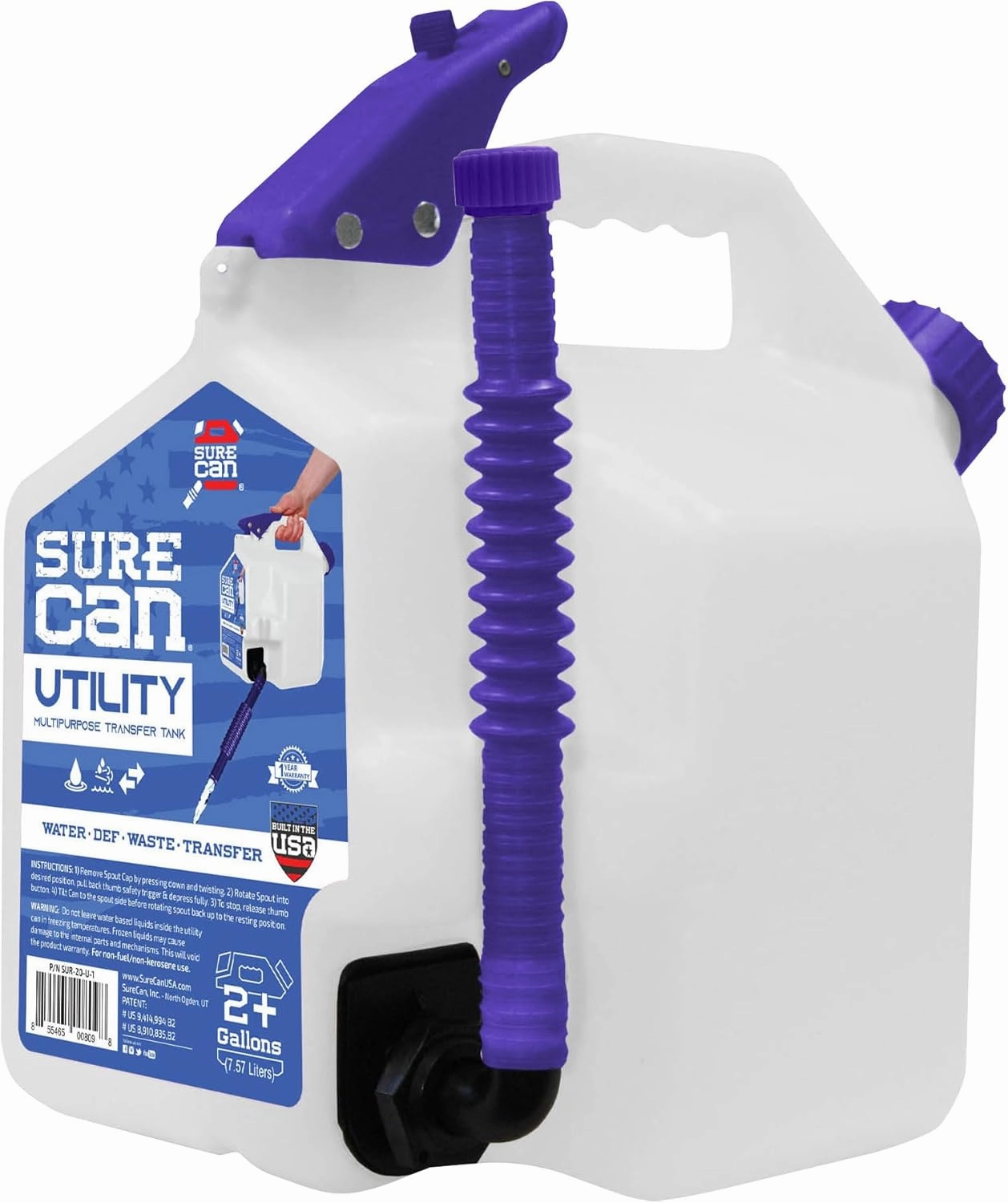 Surecan 2 Gallon Utility Container Transfer Tank - Versatile, Durable, Compact Outdoor Water Storage Tank and Beverage Dispenser (White, SUR-20-U-1)