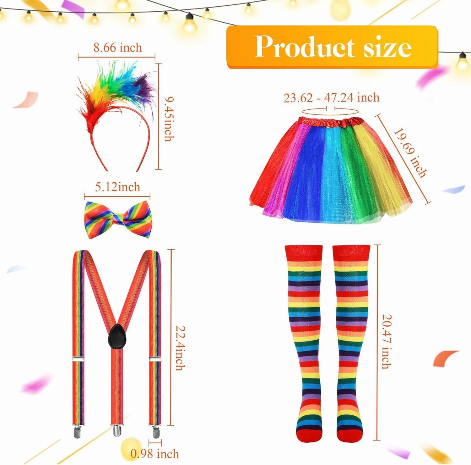 Sureio 5 Pcs Clown Costume Set for Women Circus Outfit Include Rainbow Tutu Skirt Feathers Headband Socks Suspenders Bowtie