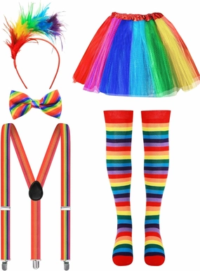 Sureio 5 Pcs Clown Costume Set for Women Circus Outfit Include Rainbow Tutu Skirt Feathers Headband Socks Suspenders Bowtie