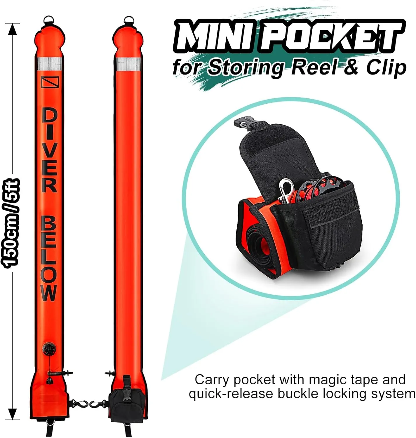 Surface Marker Buoy and Dive Reel Set, 5ft High Visibility Open Bottom Delayed SMB with Reel Storage Bag   100ft Diving Spool Reel and Clip