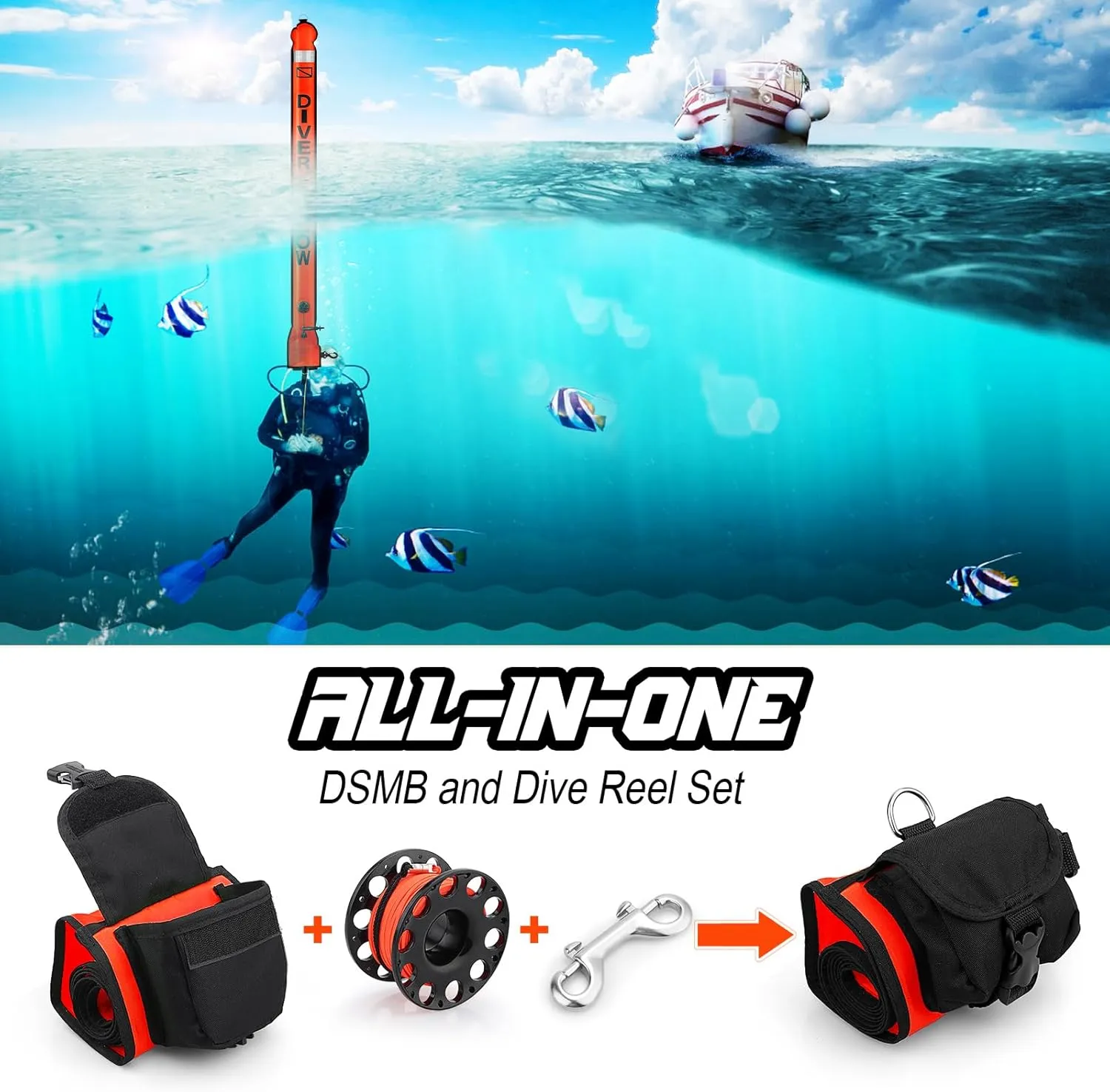 Surface Marker Buoy and Dive Reel Set, 5ft High Visibility Open Bottom Delayed SMB with Reel Storage Bag   100ft Diving Spool Reel and Clip