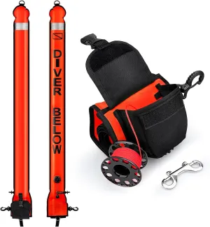 Surface Marker Buoy and Dive Reel Set, 5ft High Visibility Open Bottom Delayed SMB with Reel Storage Bag   100ft Diving Spool Reel and Clip