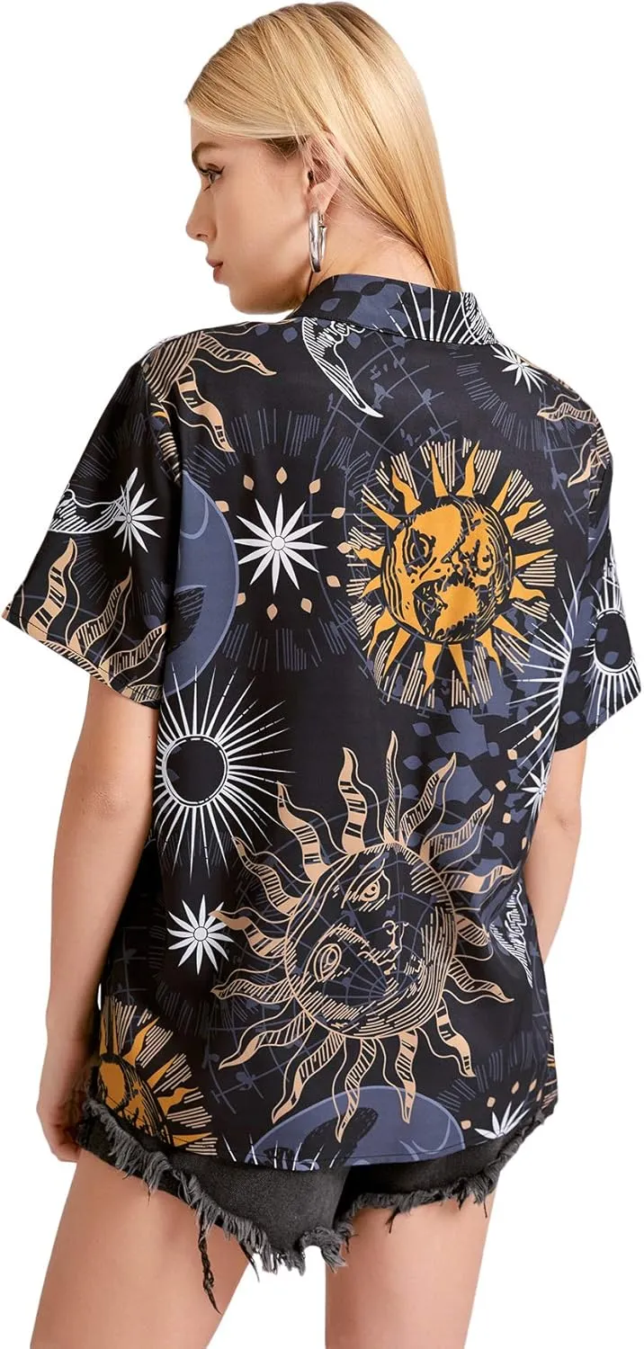 SweatyRocks Women's Short Sleeve Cute Print Button Down Shirt Tops
