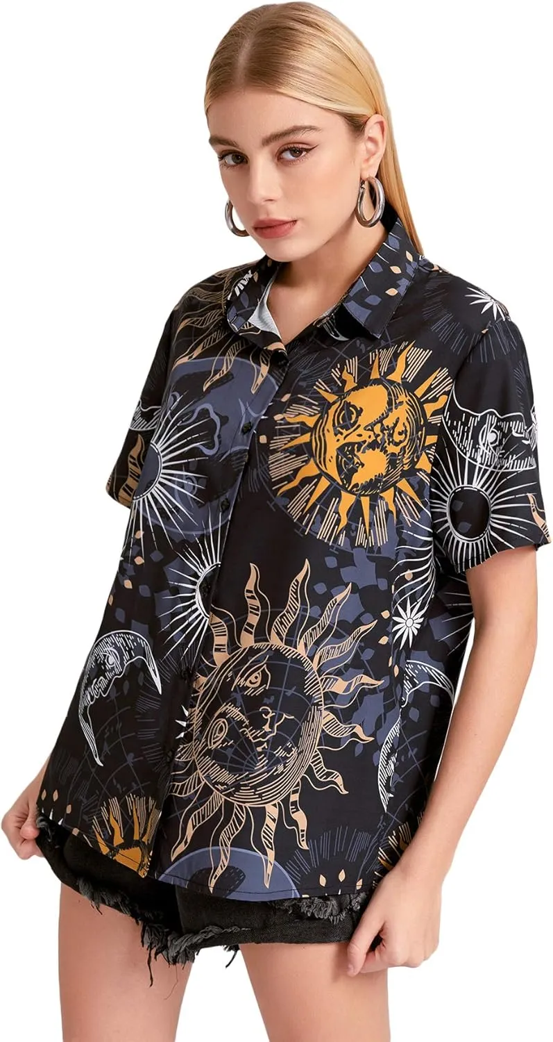 SweatyRocks Women's Short Sleeve Cute Print Button Down Shirt Tops