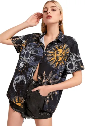 SweatyRocks Women's Short Sleeve Cute Print Button Down Shirt Tops