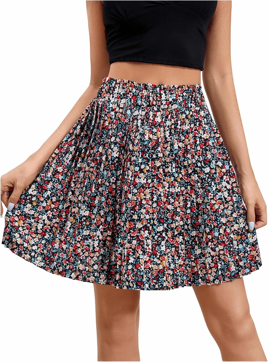 SweatyRocks Women's High Waist Mini Pleated Skater Skirt Flared A-Line Floral Short Skirt