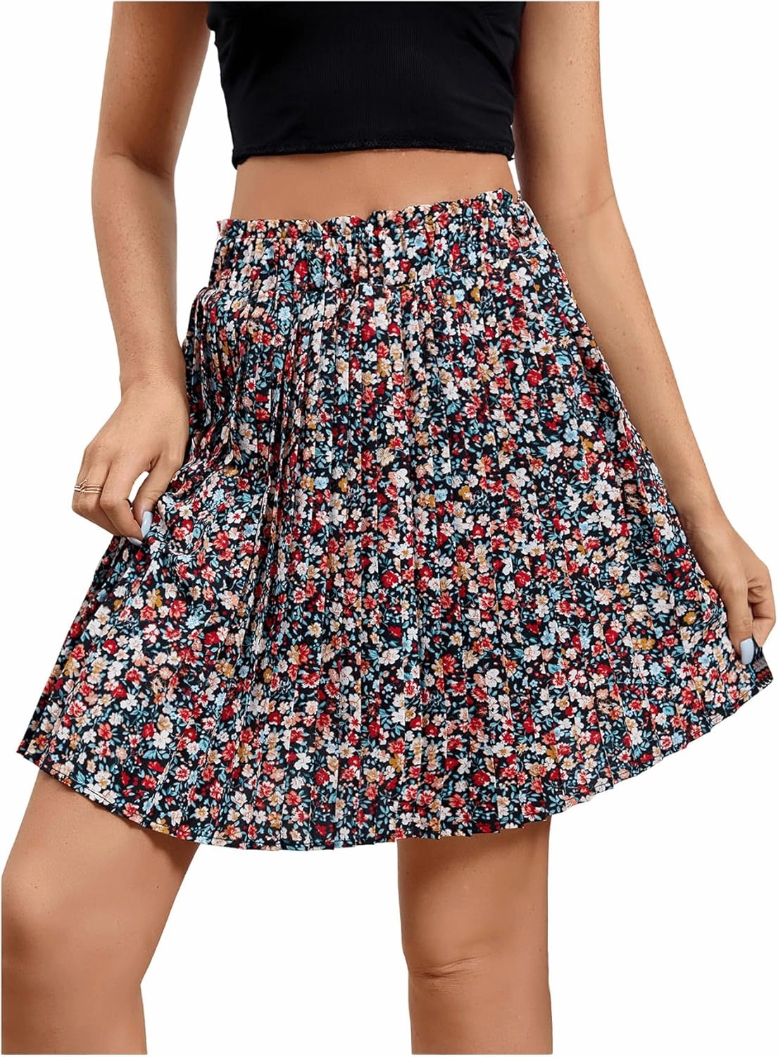 SweatyRocks Women's High Waist Mini Pleated Skater Skirt Flared A-Line Floral Short Skirt