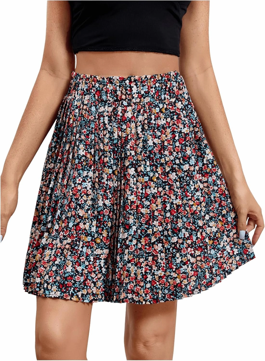 SweatyRocks Women's High Waist Mini Pleated Skater Skirt Flared A-Line Floral Short Skirt