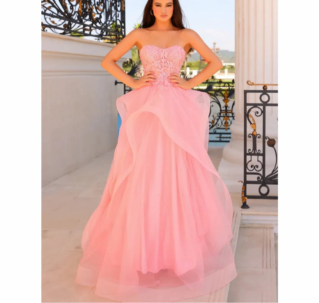 Sweetheart Pink Embroidered Fluffy Tulle Prom Dress