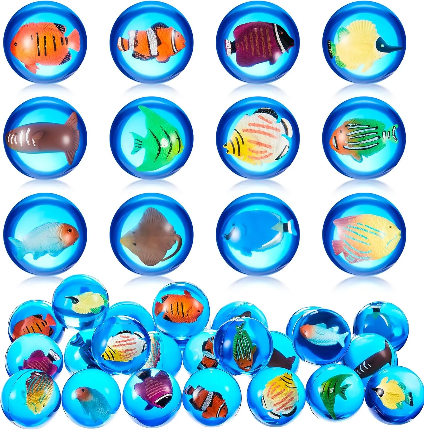 Syhood 24 Pieces Fishing Party Bouncy Balls Sea Creatures Toys Under the Sea Party Favors with Marine Fish Inside for Ocean Party Goodie Bag Fillers School Class Game Rewards, 1.7 inch