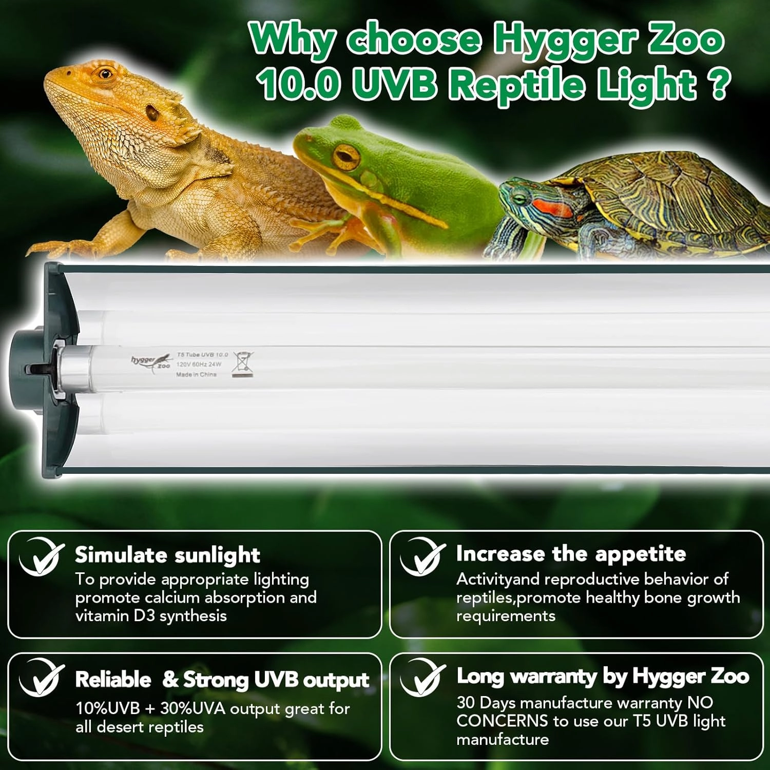 T5 UVB Reptile Light Fixture Combo Kit 8W Jungle Green Terrarium Comes with Desert 10.0 UVB T5 UVB Light for Bearded Dragon Lizards Tortoise for Tropical and Deserts Reptile lamp