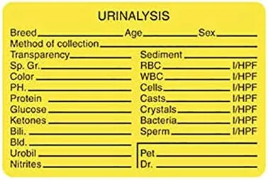 Tabbies Veterinary Laboratory Labels, Fluorescent Yellow, Urinalysis Labels, 3" W x 2" H, Instructions and Lab Results for Doctors and Staff, 320 Labels Per Roll