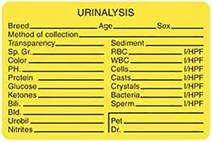 Tabbies Veterinary Laboratory Labels, Fluorescent Yellow, Urinalysis Labels, 3" W x 2" H, Instructions and Lab Results for Doctors and Staff, 320 Labels Per Roll