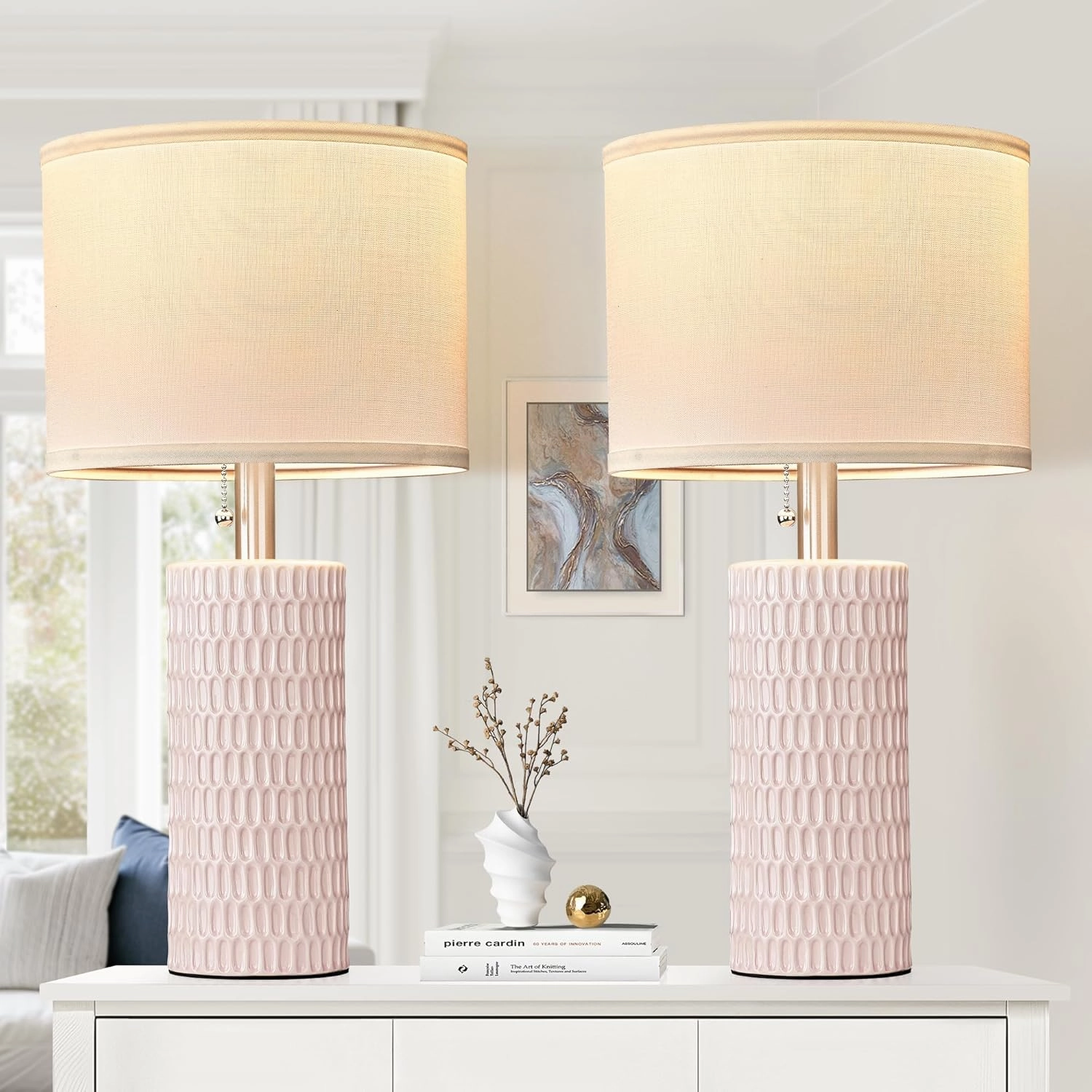 Table Lamps for Living Room Set of 2, Ceramic Table Lamps for Bedroom, 20" Modern Lamps for Night Stands, Pink