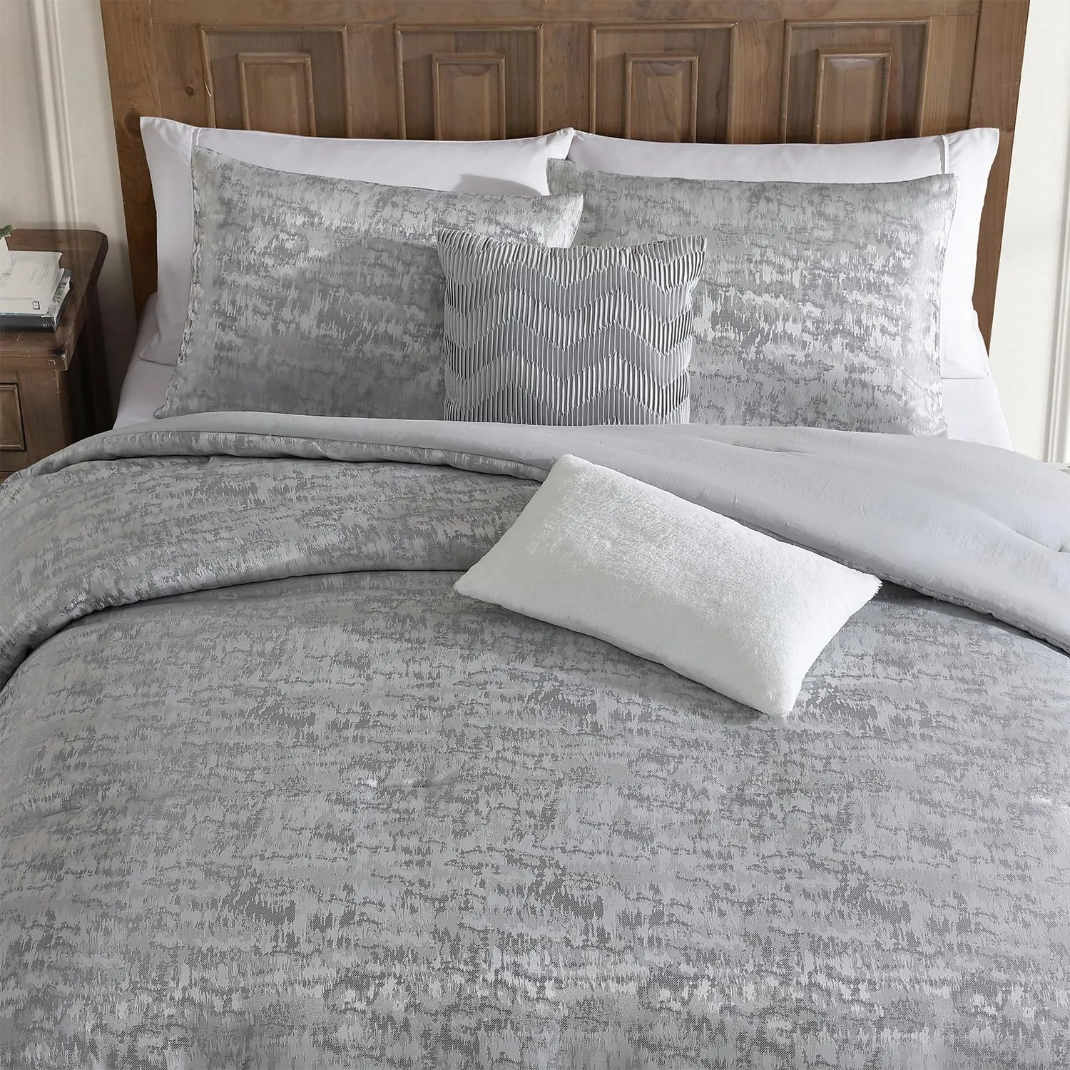Tahari Home - King Size Comforter, 5-Piece Jacquard Bedding Set with Matching Shams & Decorative Pillows (Lauren Collection, Grey)