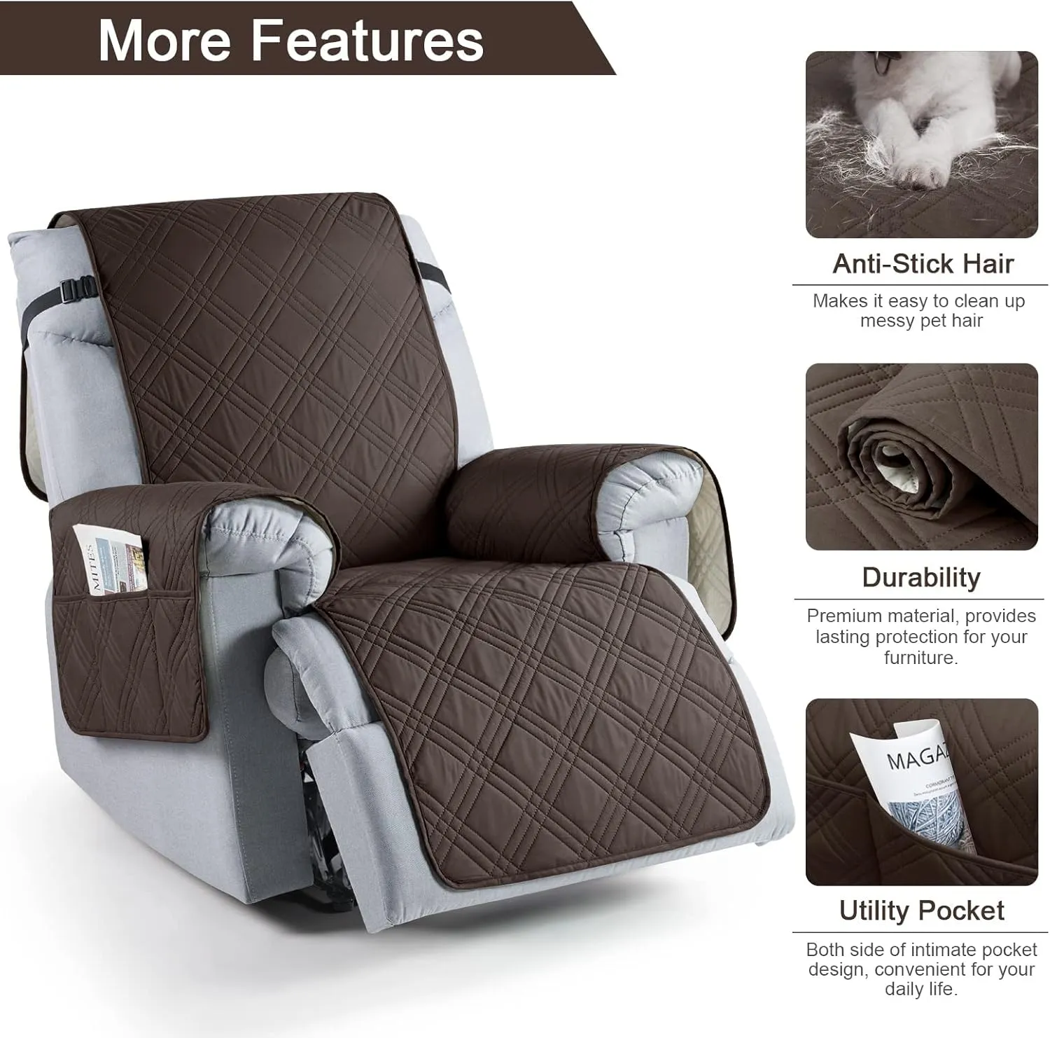 TAOCOCO Waterproof Recliner Chair Covers 30 Inch Wide, Oversized Recliner Covers for Recliner Chair with Pocket, Recliner Slipcovers with Straps Furniture Protector for Kids Pets (30'', Chocolate)