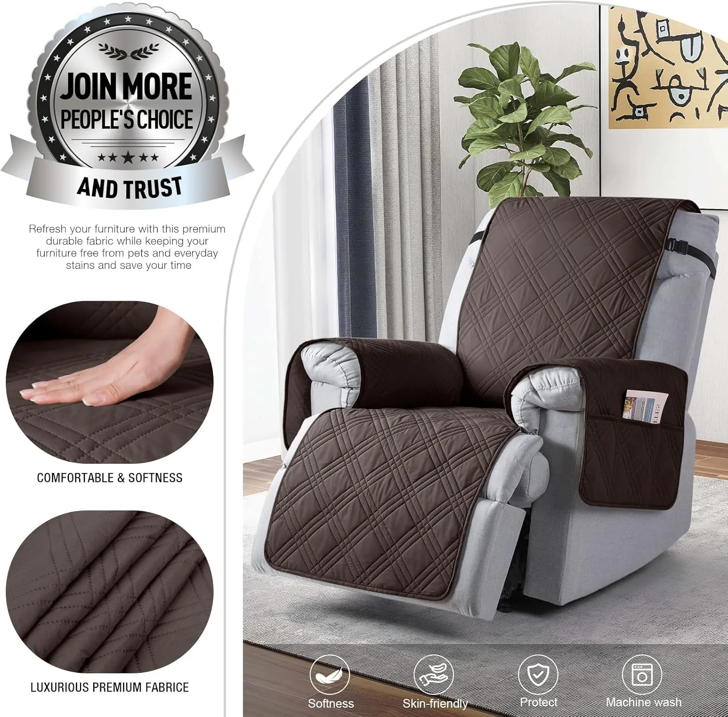 TAOCOCO Waterproof Recliner Chair Covers 30 Inch Wide, Oversized Recliner Covers for Recliner Chair with Pocket, Recliner Slipcovers with Straps Furniture Protector for Kids Pets (30'', Chocolate)