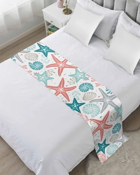 Teal Green Coral Bed Runner for Twin Size Bed, Bedspread Protector Slipcover Bed Scarf for Foot Bed Runners & Scarves for Bedroom Hotel 71x20 Inches Spring Summer Coastal Starfish Beach Nautical Conch