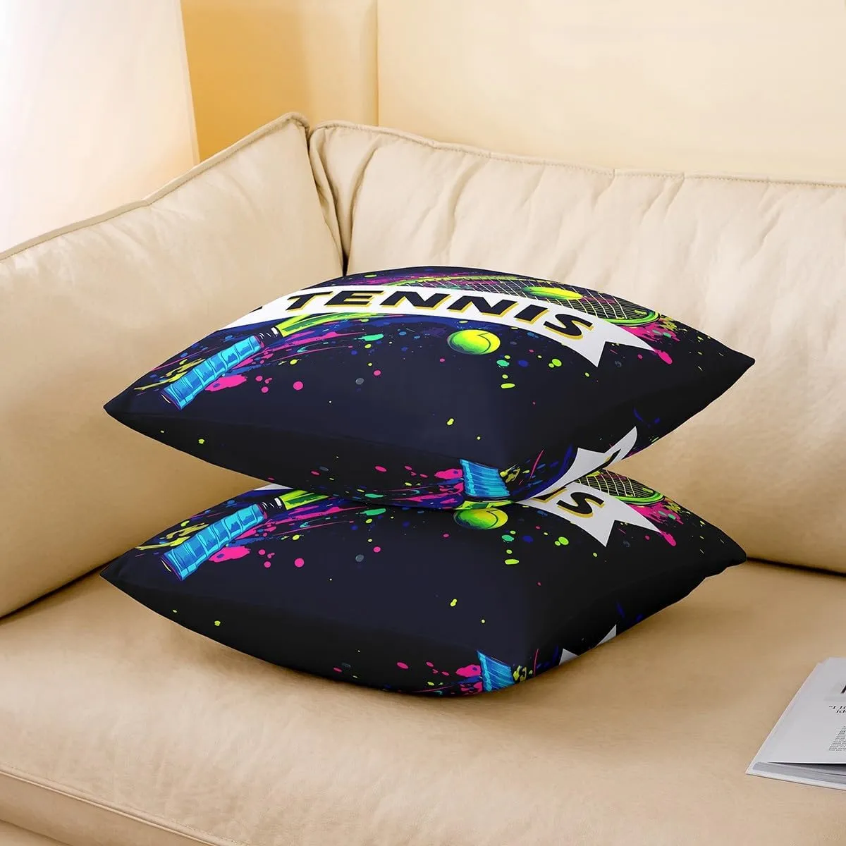 Tennis 2 Pack Pillow Covers,Modern American Sports Ball Game Reversible Print Cushion Covers,Watercolor Tennis Racket Hippie Graffiti Couch 20"x 20" Pillow Covers for Sofa Bed