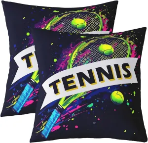 Tennis 2 Pack Pillow Covers,Modern American Sports Ball Game Reversible Print Cushion Covers,Watercolor Tennis Racket Hippie Graffiti Couch 20"x 20" Pillow Covers for Sofa Bed
