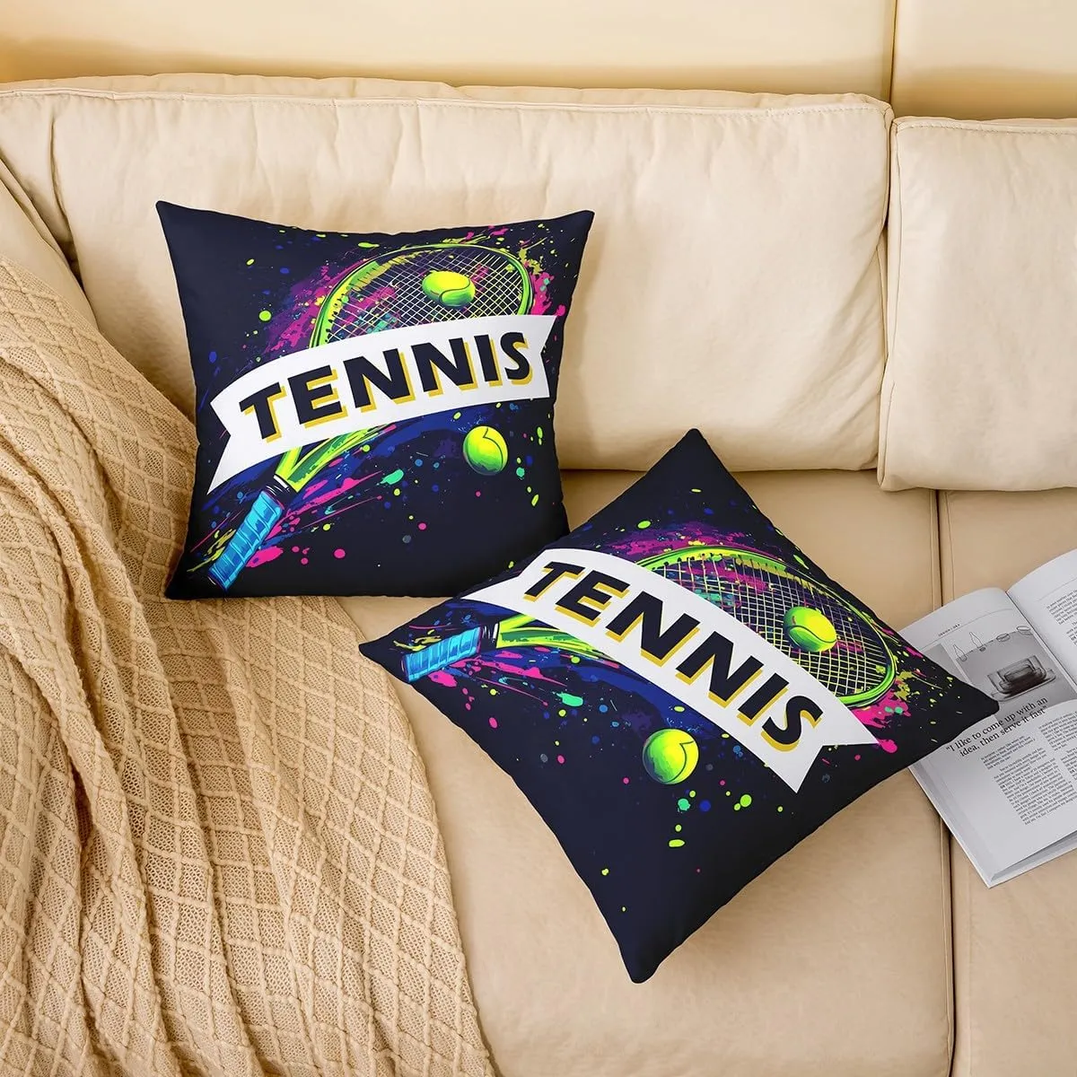 Tennis 2 Pack Pillow Covers,Modern American Sports Ball Game Reversible Print Cushion Covers,Watercolor Tennis Racket Hippie Graffiti Couch 20"x 20" Pillow Covers for Sofa Bed
