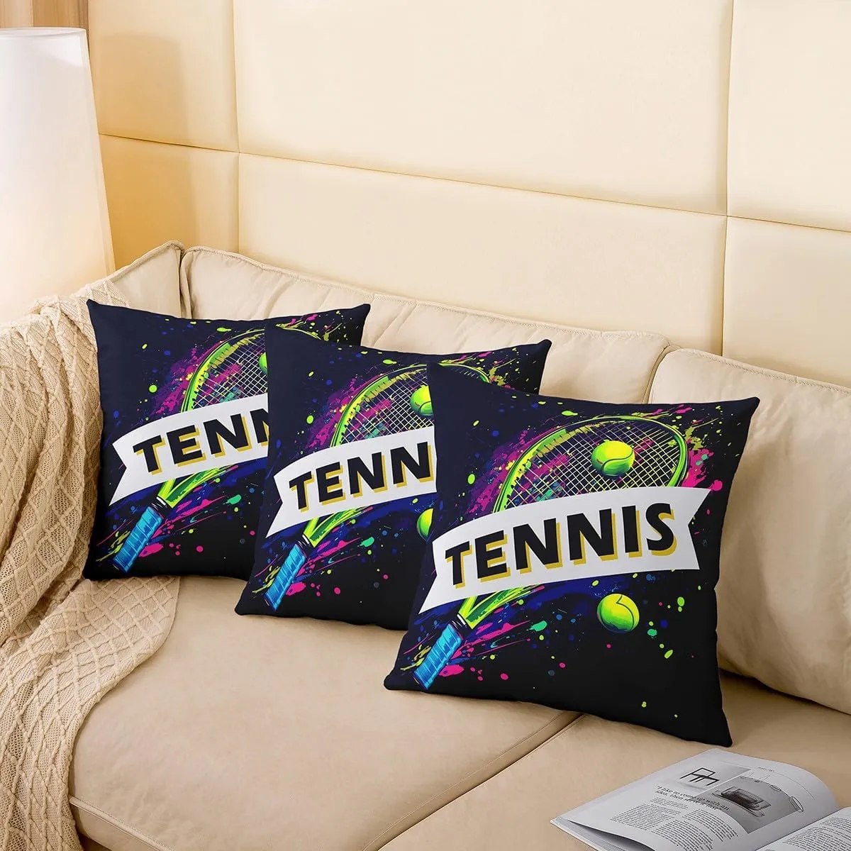 Tennis 2 Pack Pillow Covers,Modern American Sports Ball Game Reversible Print Cushion Covers,Watercolor Tennis Racket Hippie Graffiti Couch 20"x 20" Pillow Covers for Sofa Bed