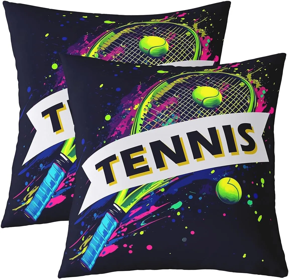 Tennis 2 Pack Pillow Covers,Modern American Sports Ball Game Reversible Print Cushion Covers,Watercolor Tennis Racket Hippie Graffiti Couch 20"x 20" Pillow Covers for Sofa Bed