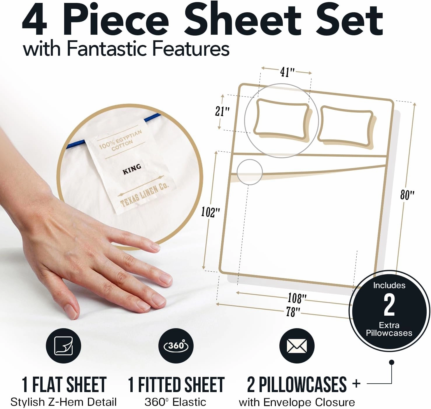 TEXAS LINEN CO. 100% Egyptian Cotton King Size Sheets Set - Luxury 1500 Thread Count Egyptian Cotton Sheets King Size, 17" Deep Pocket, Soft, Cooling Sateen Weave Hotel Quality Bedding Set - Ivory