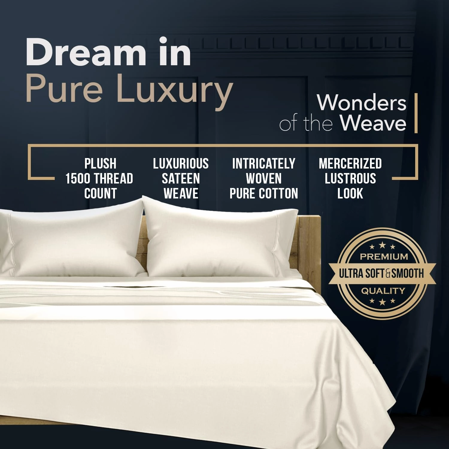 TEXAS LINEN CO. 100% Egyptian Cotton King Size Sheets Set - Luxury 1500 Thread Count Egyptian Cotton Sheets King Size, 17" Deep Pocket, Soft, Cooling Sateen Weave Hotel Quality Bedding Set - Ivory