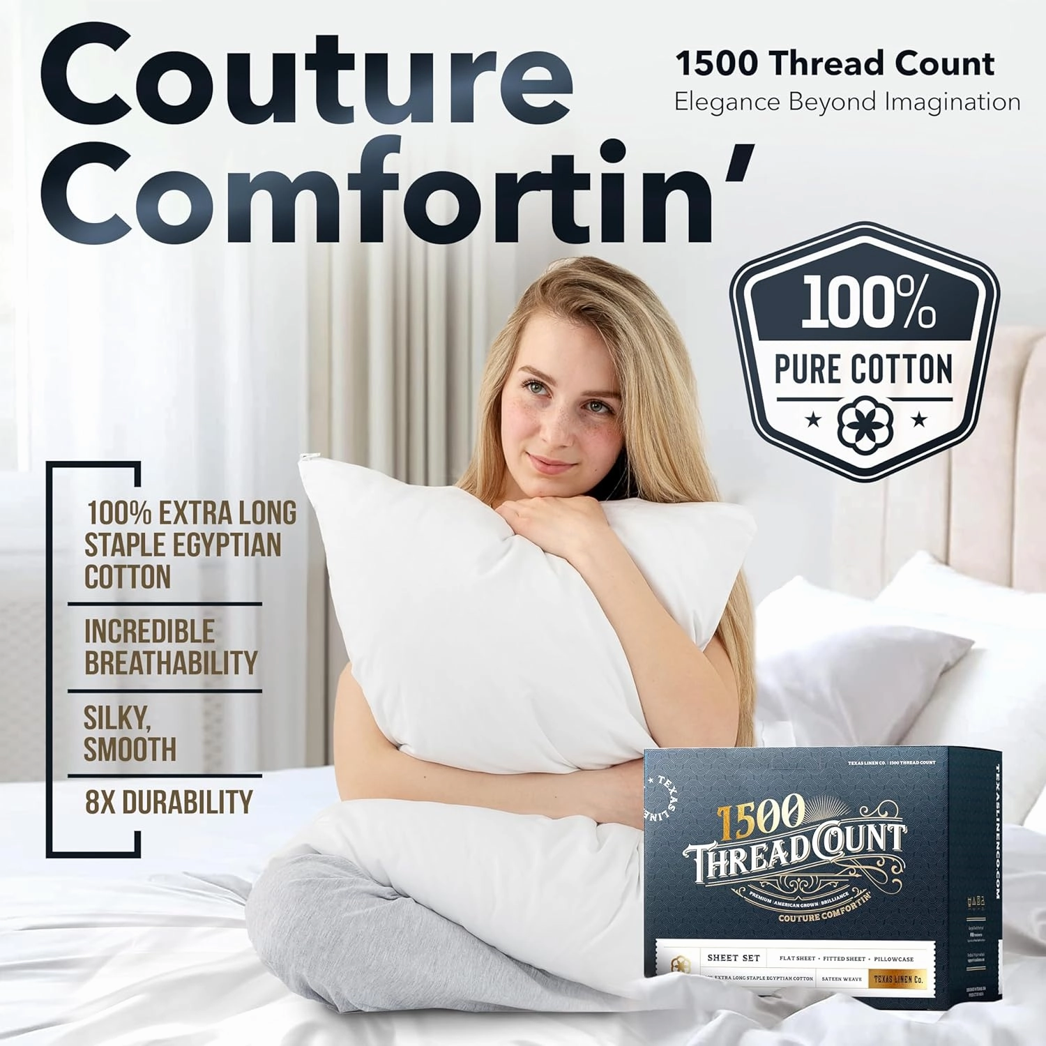 TEXAS LINEN CO. 100% Egyptian Cotton King Size Sheets Set - Luxury 1500 Thread Count Egyptian Cotton Sheets King Size, 17" Deep Pocket, Soft, Cooling Sateen Weave Hotel Quality Bedding Set - Ivory