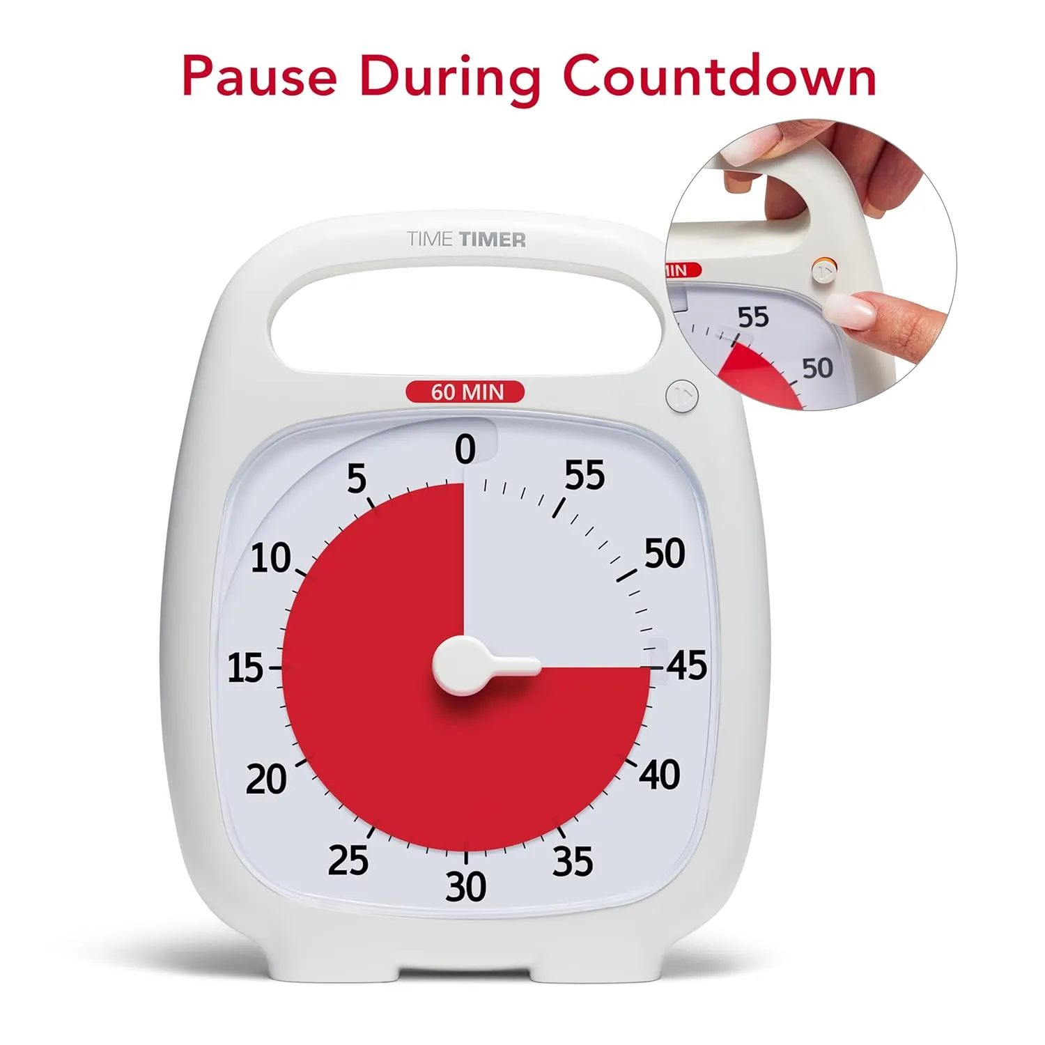 Time Timer PLUS 60 Minute Desk Visual Timer — Countdown Timer with Portable Handle for Classroom, Office, Homeschooling, Study Tool with Silent Operation (White)