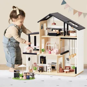 Tiny Land Doll House, Modern Family Dollhouse with Realistic Design, Wooden Dollhouse with 53Pcs Furniture - Ideal Gift for Kids Ages 3 