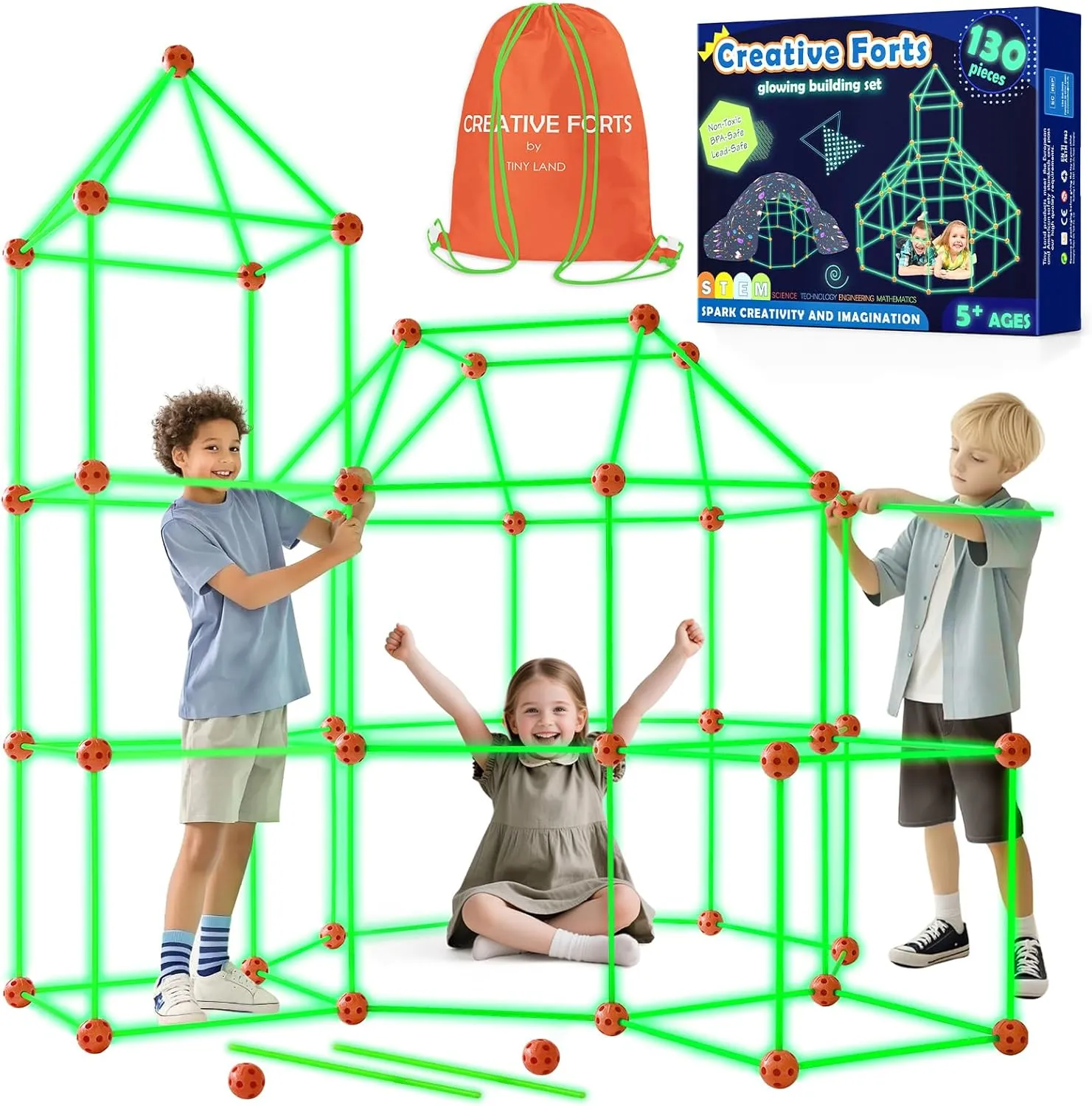 Tiny Land Glow Fort Building Kit for Kids Creative Fort Indoor & Outdoor Construction Toys with 86 Rods and 44 Balls for 5-10 Year Old Boys & Girls STEM Building Toy Gifts with Storage Bag