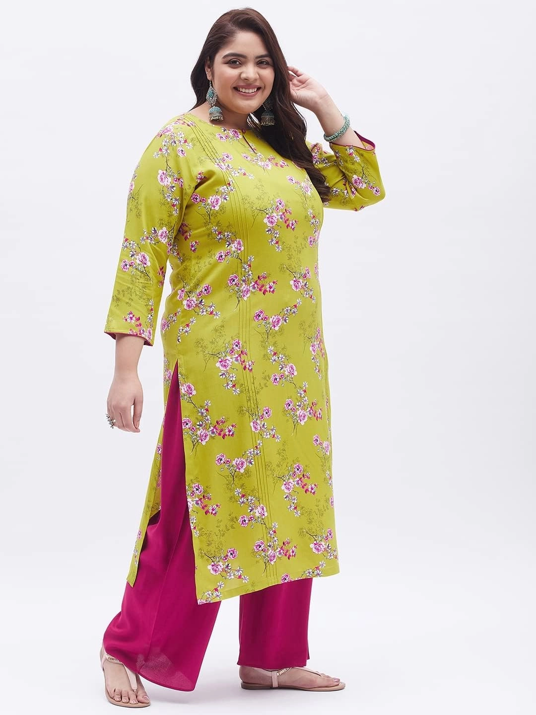 Tissu Women's Plus Size Light Green & Pink Printed Kurta with Palazzo