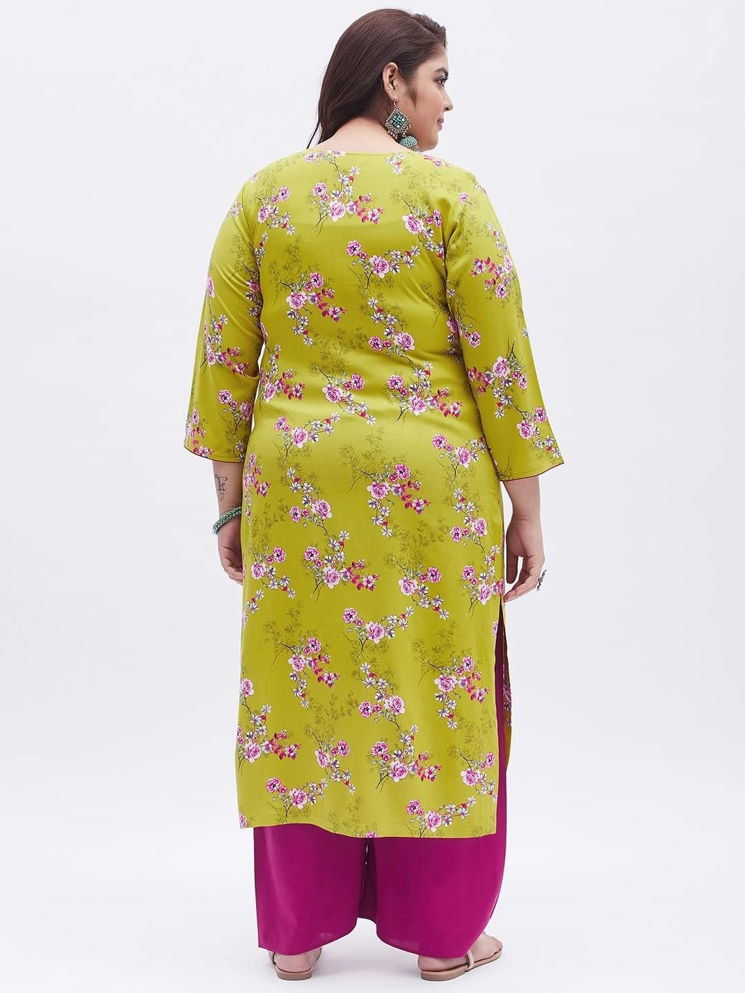Tissu Women's Plus Size Light Green & Pink Printed Kurta with Palazzo