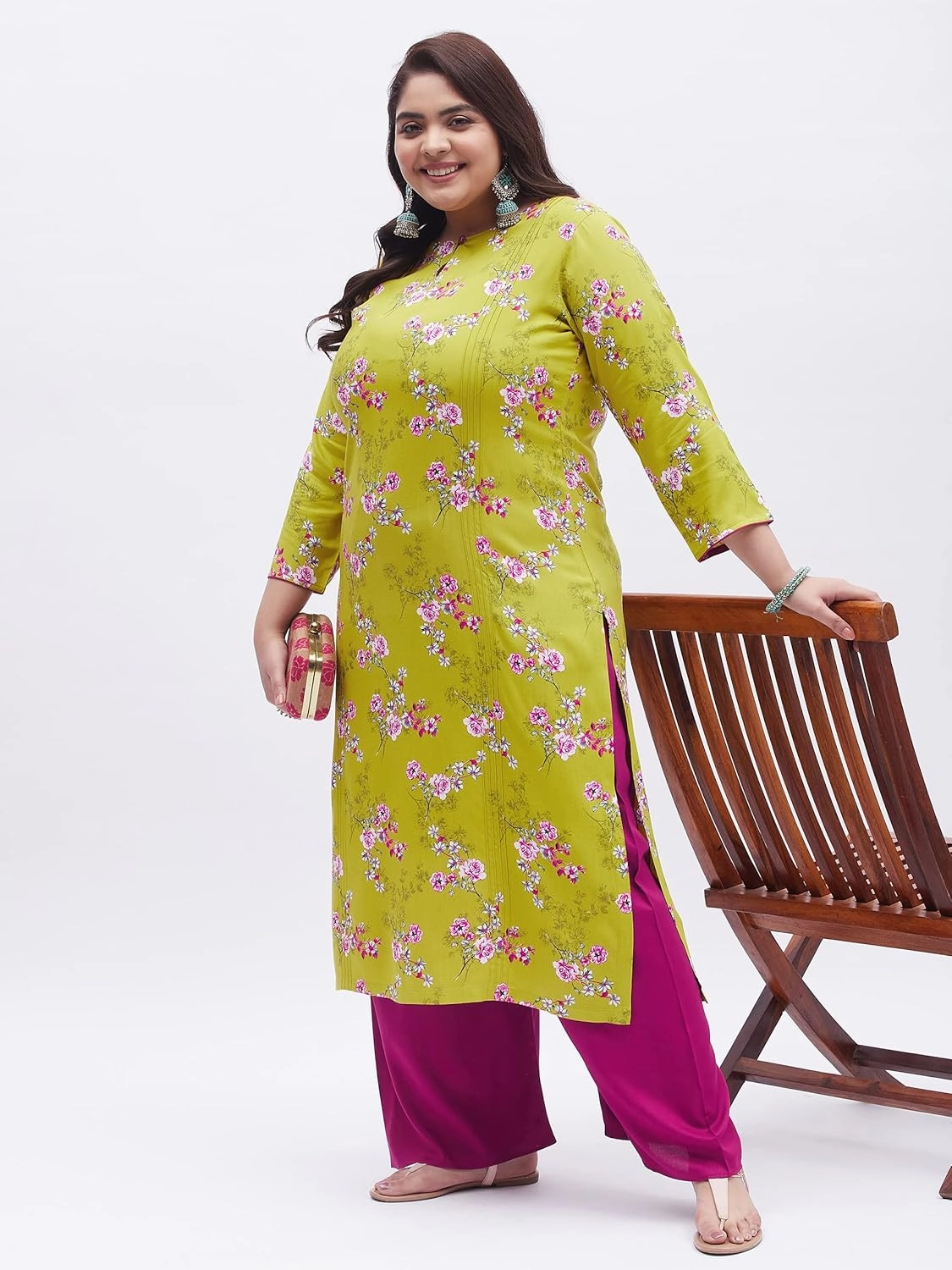Tissu Women's Plus Size Light Green & Pink Printed Kurta with Palazzo