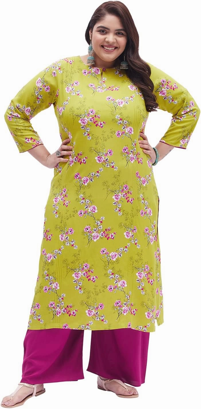 Tissu Women's Plus Size Light Green & Pink Printed Kurta with Palazzo