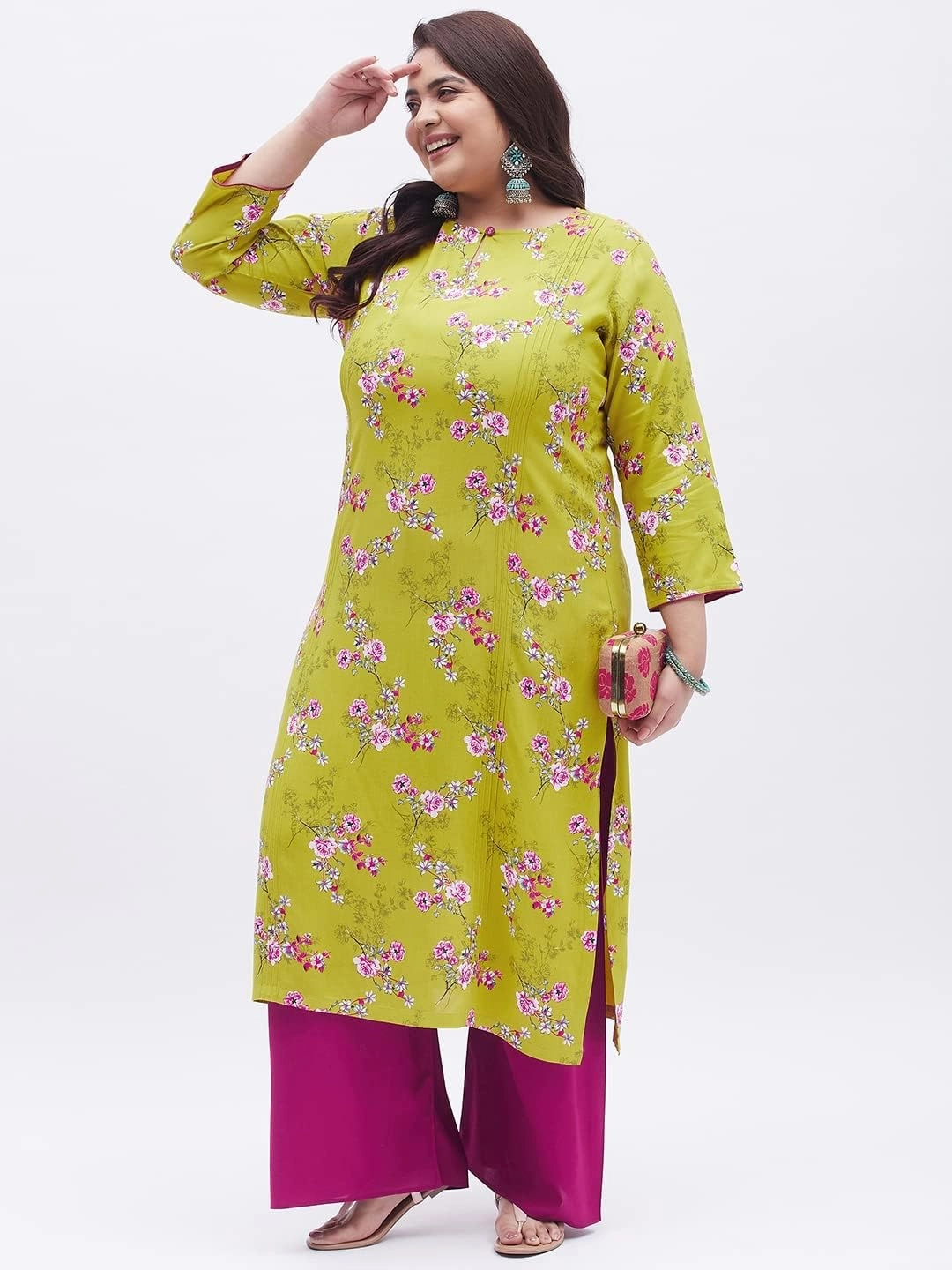 Tissu Women's Plus Size Light Green & Pink Printed Kurta with Palazzo