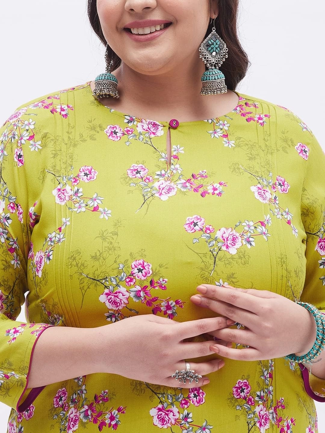 Tissu Women's Plus Size Light Green & Pink Printed Kurta with Palazzo