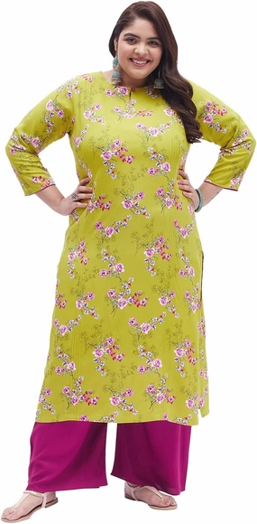 Tissu Women's Plus Size Light Green & Pink Printed Kurta with Palazzo