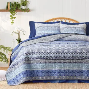 Tititada 2 Pieces Colorful Bohemian Quilt Set Twin Size, Blue n Grey Boho Striped Printed Bedding Bedspread Coverlet Set for Summer, Soft Lightweight Microfiber Quilt with 1 Sham (68x86 inces)