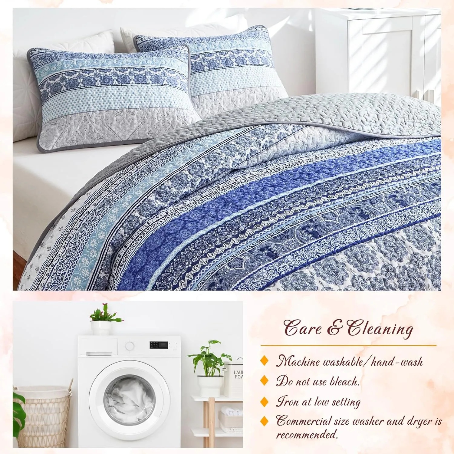 Tititada 2 Pieces Colorful Bohemian Quilt Set Twin Size, Blue n Grey Boho Striped Printed Bedding Bedspread Coverlet Set for Summer, Soft Lightweight Microfiber Quilt with 1 Sham (68x86 inces)
