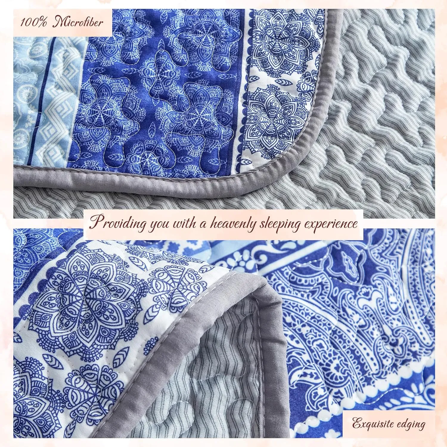 Tititada 2 Pieces Colorful Bohemian Quilt Set Twin Size, Blue n Grey Boho Striped Printed Bedding Bedspread Coverlet Set for Summer, Soft Lightweight Microfiber Quilt with 1 Sham (68x86 inces)