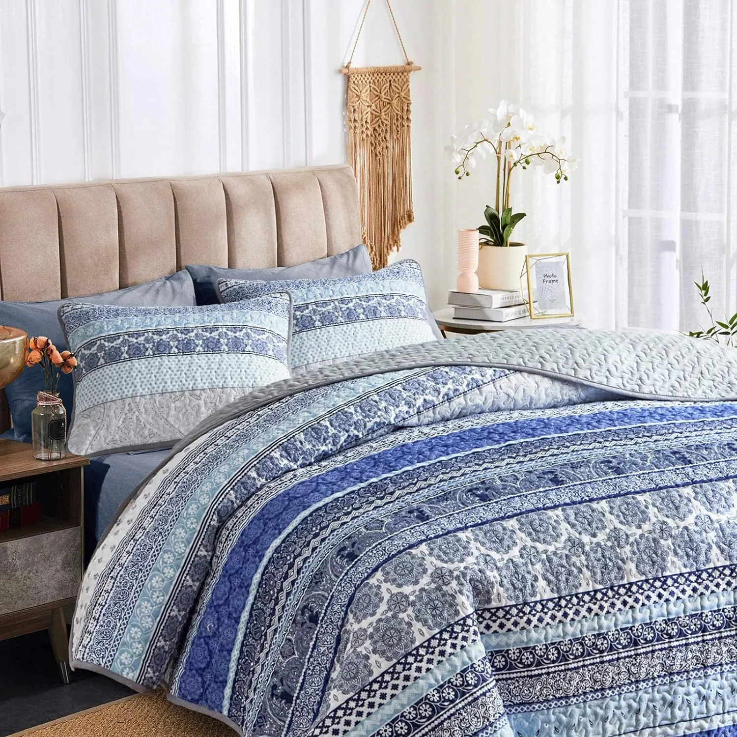 Tititada 2 Pieces Colorful Bohemian Quilt Set Twin Size, Blue n Grey Boho Striped Printed Bedding Bedspread Coverlet Set for Summer, Soft Lightweight Microfiber Quilt with 1 Sham (68x86 inces)