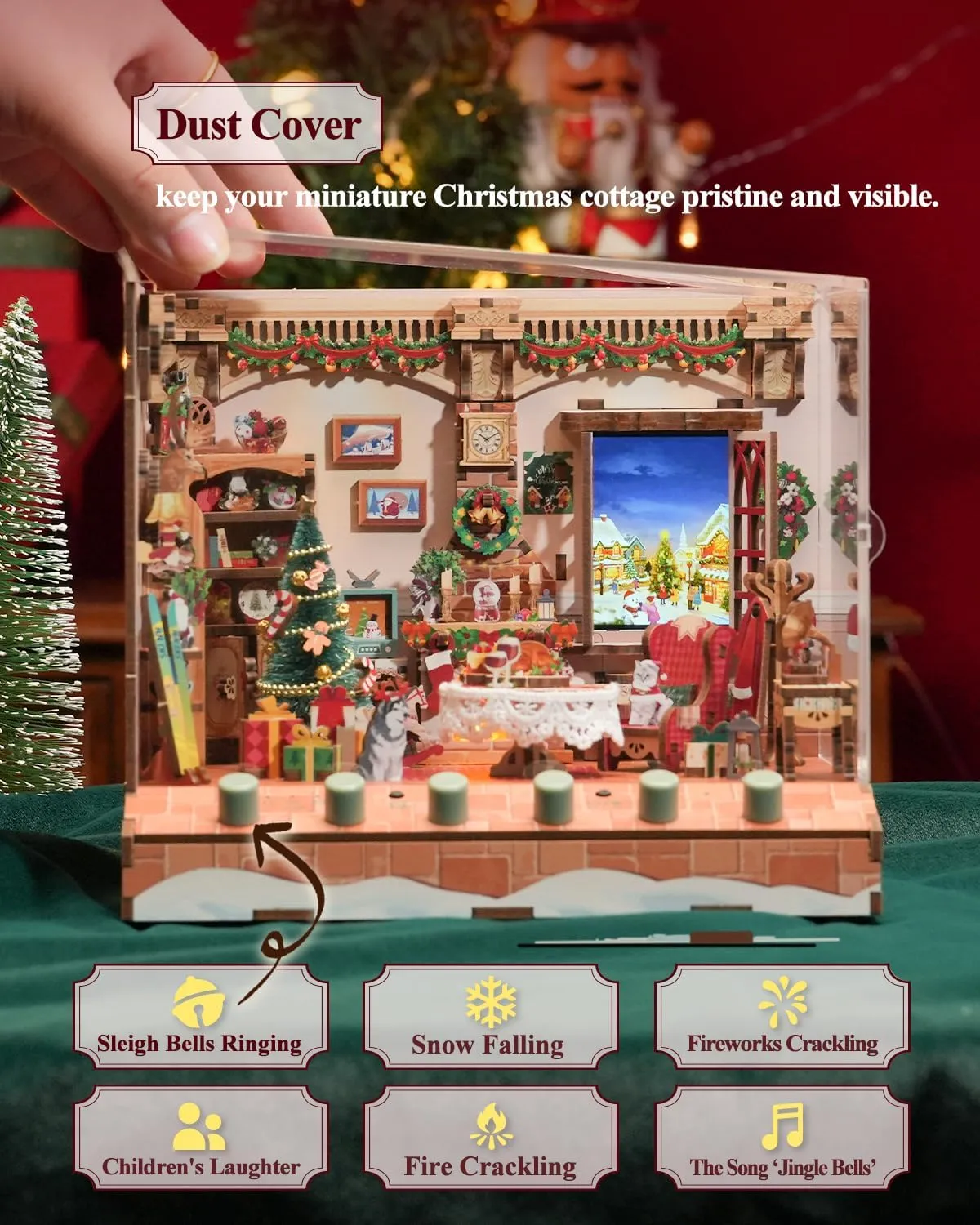 Tonecheer DIY Miniature House Kit, Wooden Dollhouse Kit with Music and White Noise,Tiny Diorama House Building Set with Electronic Screen Kit Creative Idea Gifts for Aduls (The Christmas Cottage)