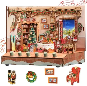 Tonecheer DIY Miniature House Kit, Wooden Dollhouse Kit with Music and White Noise,Tiny Diorama House Building Set with Electronic Screen Kit Creative Idea Gifts for Aduls (The Christmas Cottage)