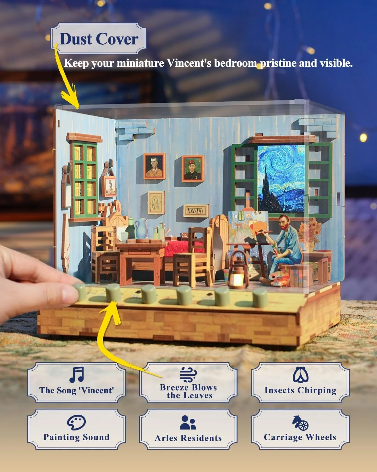Tonecheer DIY Miniature House Kit, Wooden Dollhouse Kit with White Noise,Tiny Diorama House Building Set with Electronic Screen Craft Kits Make Creative Idea Gifts for Aduls (Vincent's Bedroom)