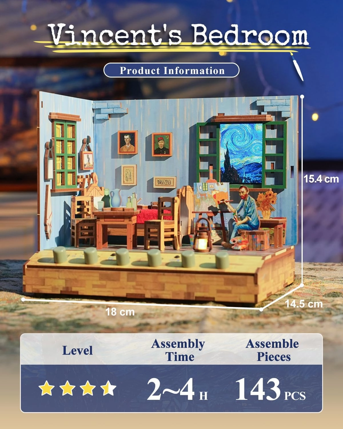 Tonecheer DIY Miniature House Kit, Wooden Dollhouse Kit with White Noise,Tiny Diorama House Building Set with Electronic Screen Craft Kits Make Creative Idea Gifts for Aduls (Vincent's Bedroom)