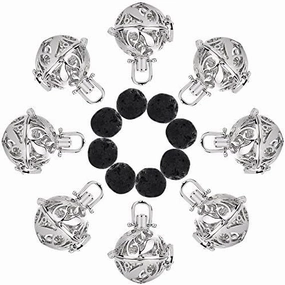 TOODOO Aromatherapy Essential Oils Pendant Cage Locket Small Size Silvery Diffuser Locket with Black Lava Stone Rock Beads Balls Set for Jewelry Making (8)