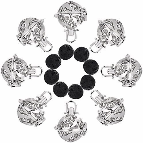 TOODOO Aromatherapy Essential Oils Pendant Cage Locket Small Size Silvery Diffuser Locket with Black Lava Stone Rock Beads Balls Set for Jewelry Making (8)